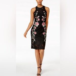 Betsy & Adam Black Lace Dress with Floral Embroidery